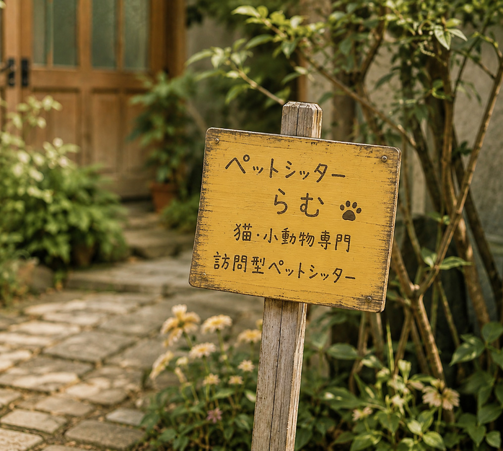 ペットシッターらむ、猫・小動物専門、訪問型ペットシッターと書かれた黄色い看板